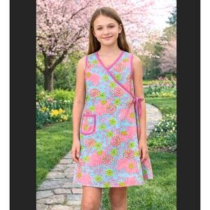 VTG Lilly Pulitzer Wrap Dress Girls 12 Mirabelle Elefrance Elephant Floral Lined